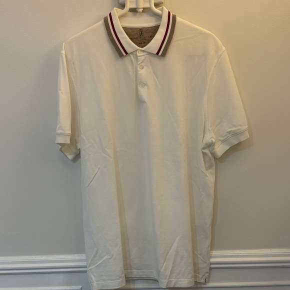 Brunello Cucinelli Cream Polo with Red and Gray Striped Collar XL - Picture 4 of 5